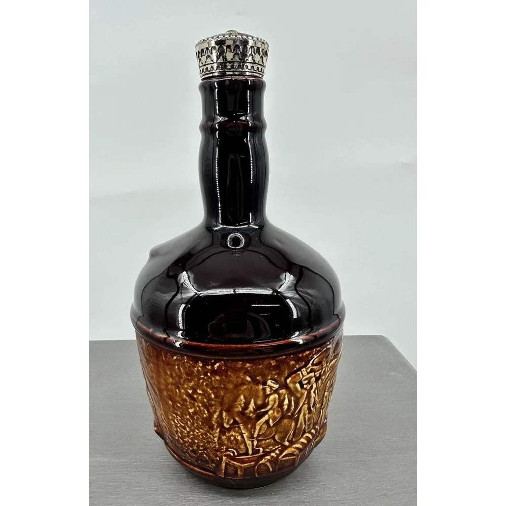 Vintage Kentucky Empty Whiskey Bottle with Bas Relief Pottery Locomotive Scene